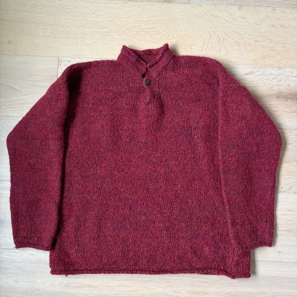 Handmade Wool Sweater Burgundy Henley Oversized Chunky Artisan Unisex Sz XL*H4
